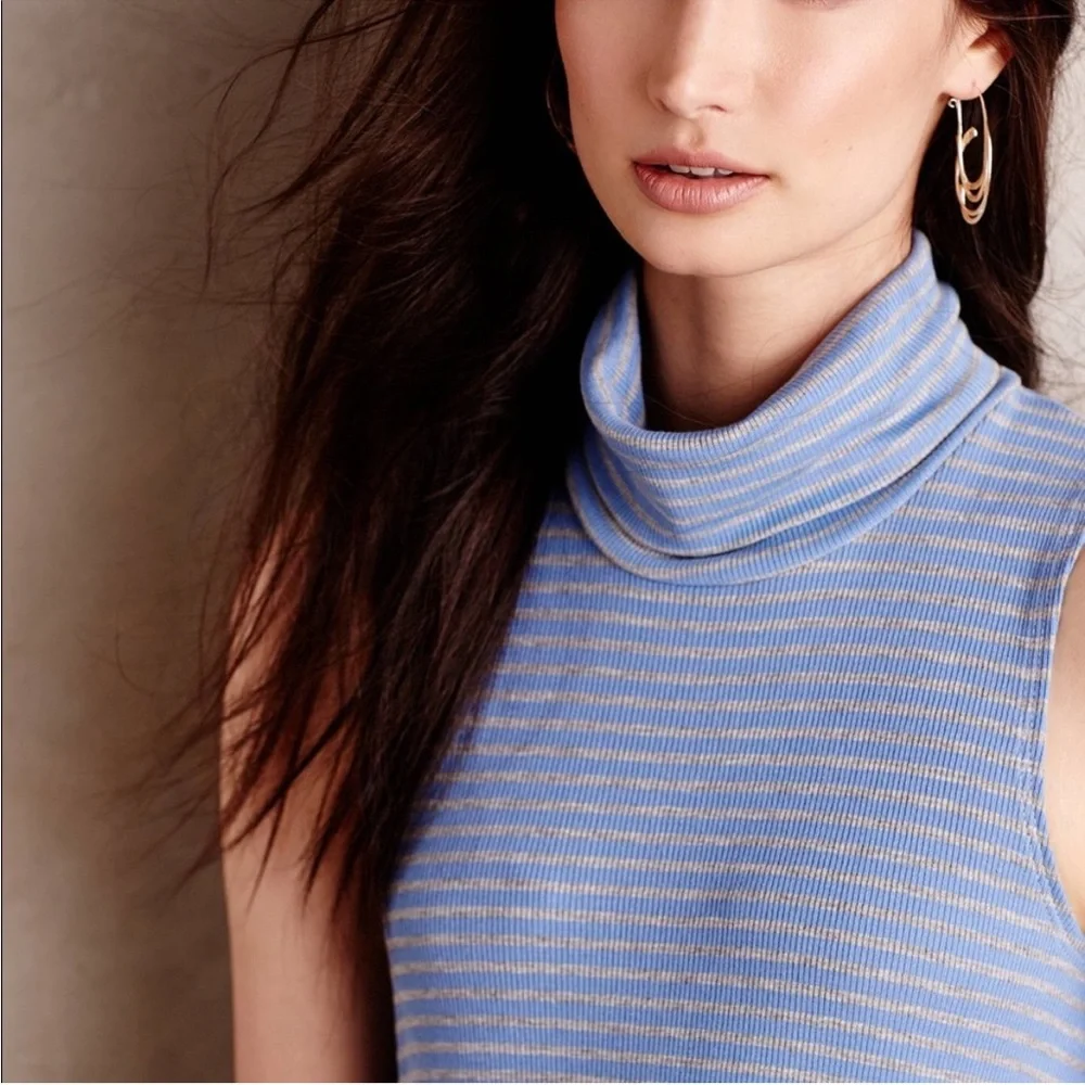 Anthropologie Puella Striped Blue Grey Gray Sleeveless Turtleneck Top Women’s M - Picture 5 of 15